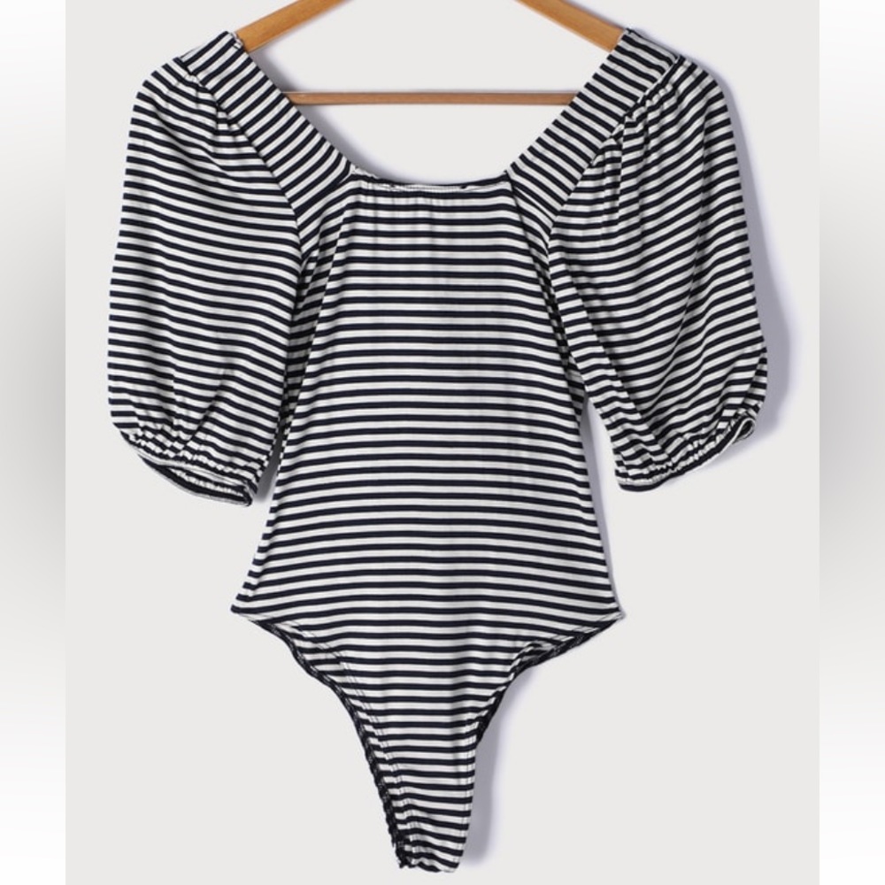 NWT Lulu’s Tie Fidelity Navy Blue and White Striped
Tie-Front Bodysuit - Picture 2 of 10